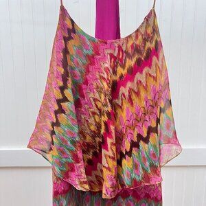 Haute Hippie Silk Mini Dress Festival Tiered Ruffle Zigzag Print Pink XS Indie